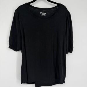 Chico’s Top Women’s XL Black Puff Short Sleeve Slub Cotton Staple Wardrobe